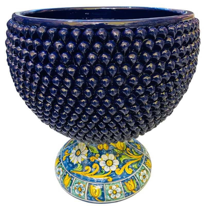 Vase Caltagirone Half Pigna, couleur bleu cobalt et tige décorée - Dimensions D45xH 45 cm - 