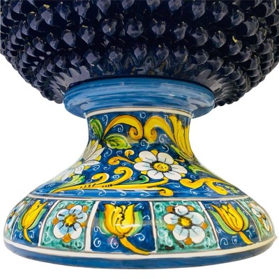 Vase Caltagirone Half Pigna, couleur bleu cobalt et tige décorée - Dimensions D45xH 45 cm - 
