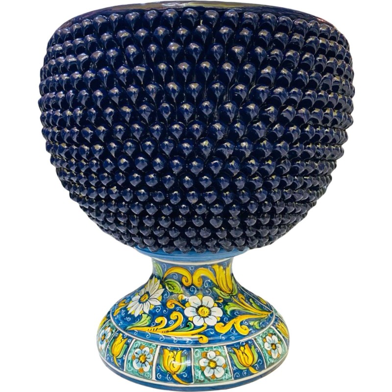 Vase Caltagirone Half Pigna, couleur bleu cobalt et tige décorée - Dimensions D45xH 45 cm - 