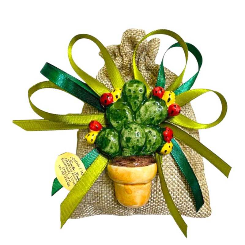 Magnet Favors Jar with Ceramic Prickly Pear Shovels, Jute Sack, Double Satin Ribbons and 5 Confetti - 