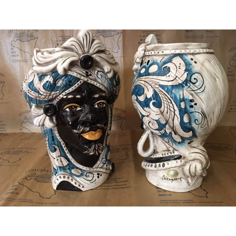 Moorkopf aus Caltagirone-Keramik – H ca. 28 cm (1 Stück) Mit Option für Mann oder Frau, Fries und blauem Hintergrund - 