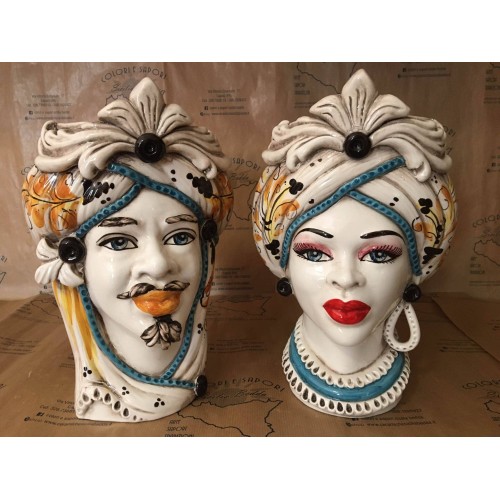 Tête de Maure sicilienne en céramique de Caltagirone - h environ 28 cm (1pc) Avec option pour homme ou femme, frise et f