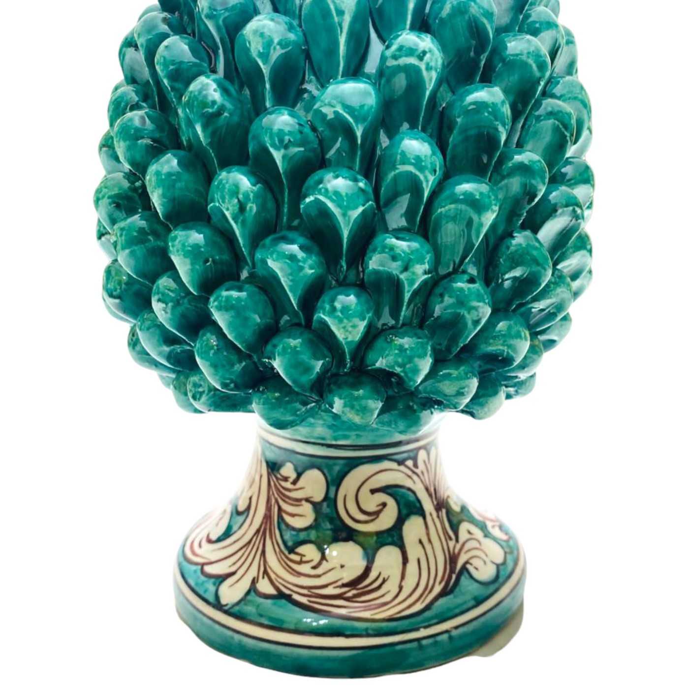 Lume Pigna Siciliana in ceramica Caltagirone - h 50 cm ca. Verderame e  gambo decoro barocco bianco su fondo verde