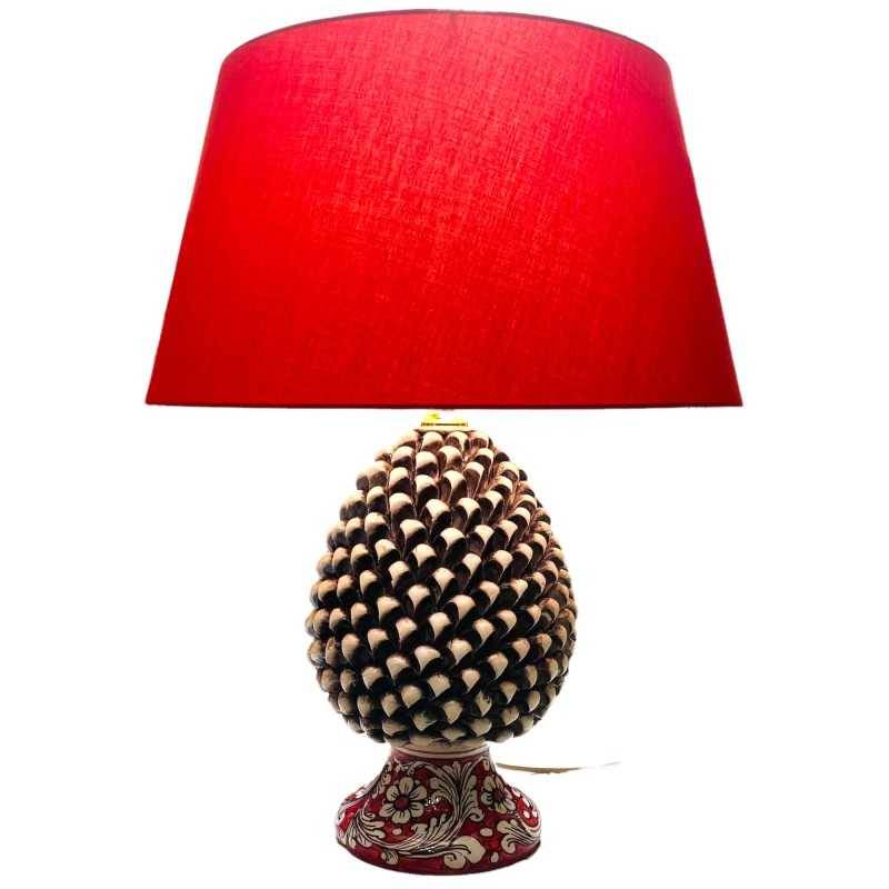 Lampe antique en forme de pomme de pin blanc et rouge, céramique de Caltagirone - hauteur environ 55 cm - 