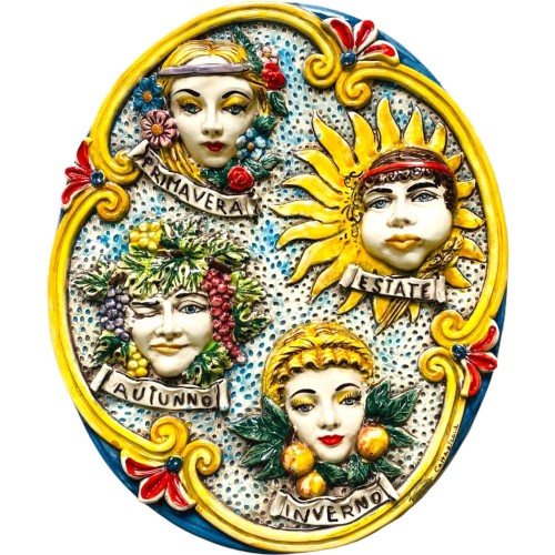 Panel som representerar 4 årstider, keramik av Caltagirone med lättnad - Åtgärder om 45x35cm - 