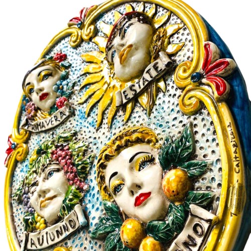 Panel som representerar 4 årstider, keramik av Caltagirone med lättnad - Åtgärder om 45x35cm -  2