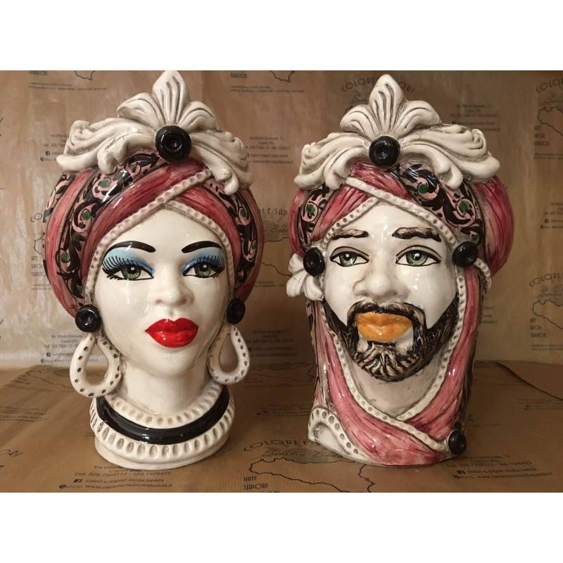 Testa di Moro Siciliana in ceramica Caltagirone - h 28 cm ca. (1pz) Opzione Uomo o Donna, Fondo Bordeaux e fregio - 