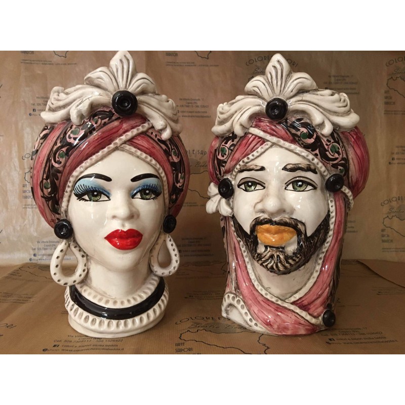 Tête de Maure sicilienne en céramique de Caltagirone - h environ 28 cm (1pc) Option Homme ou Femme, fond et frise bordea
