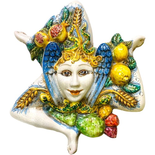 Trinacria in Caltagirone keramiek met fruit en cactusvijg, ca. 45 cm hoog. matte craquelé nagellak met verouderd effect 