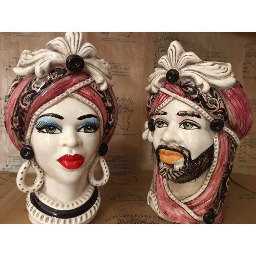Tête de Maure sicilienne en céramique de Caltagirone - h environ 28 cm (1pc) Option Homme ou Femme, fond et frise bordea 2