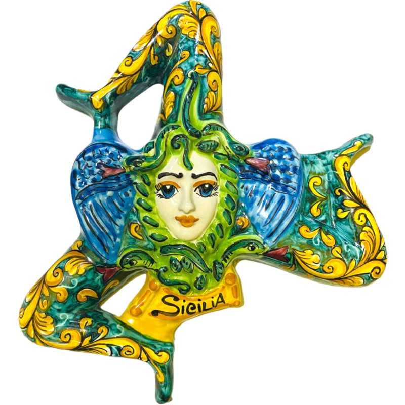 Trinacria aus handverzierter sizilianischer Keramik, Grünspanhintergrund und gelber Barockdekoration – Maße 30 cm - 