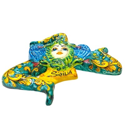 Trinacria z ręcznie zdobionej ceramiki sycylijskiej, wysokość ok. 35 cm. tło verdigris i żółta dekoracja barokowa - 