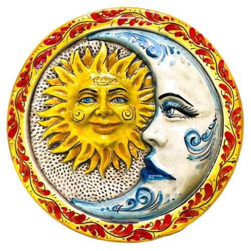 Eclissi, Sole e Luna disco in ceramica Caltagirone - Ø 28 cm ca. Decoro  floreale fondo chiaro