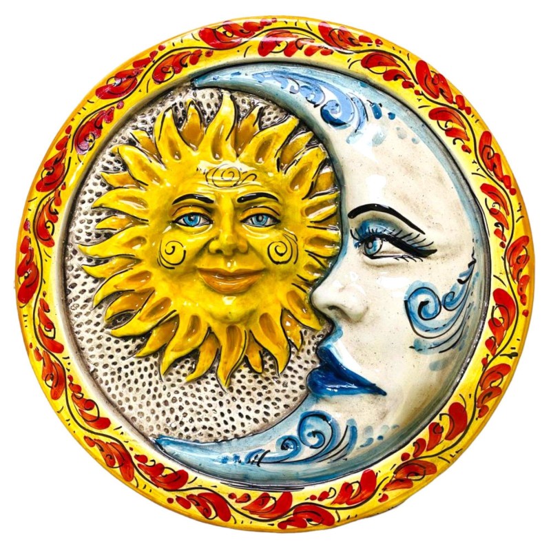 Eclissi, Sole e Luna disco in ceramica Caltagirone - Ø 28 cm ca. Decoro floreale fondo chiaro - 