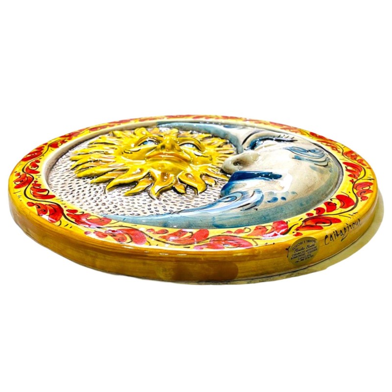 Sonnenfinsternis, Sonne und Mond Caltagirone-Keramikscheibe – Ø ca. 28 cm Blumendekoration auf hellem Hintergrund - 