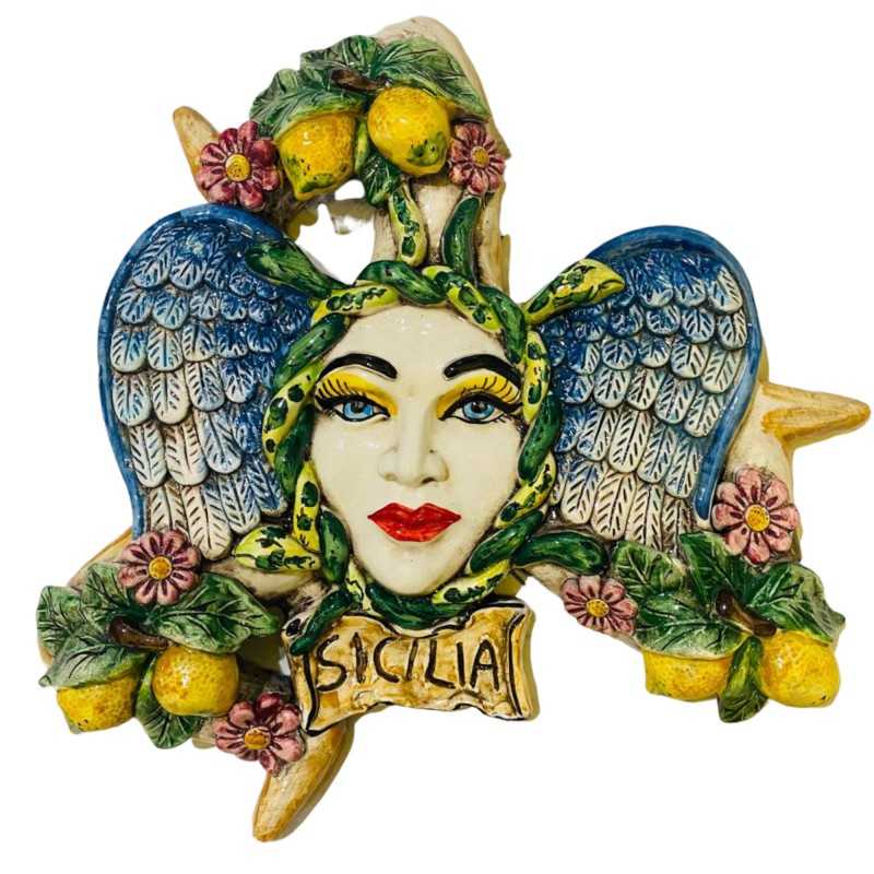 Trinacria in Caltagirone ceramic with Lemons and Flowers - height about 38 cm - 