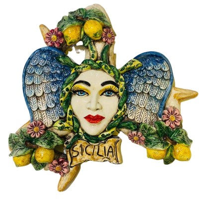 Keramisk trinacria av Caltagirone med citroner och blommor - höjd ca 38 cm - 