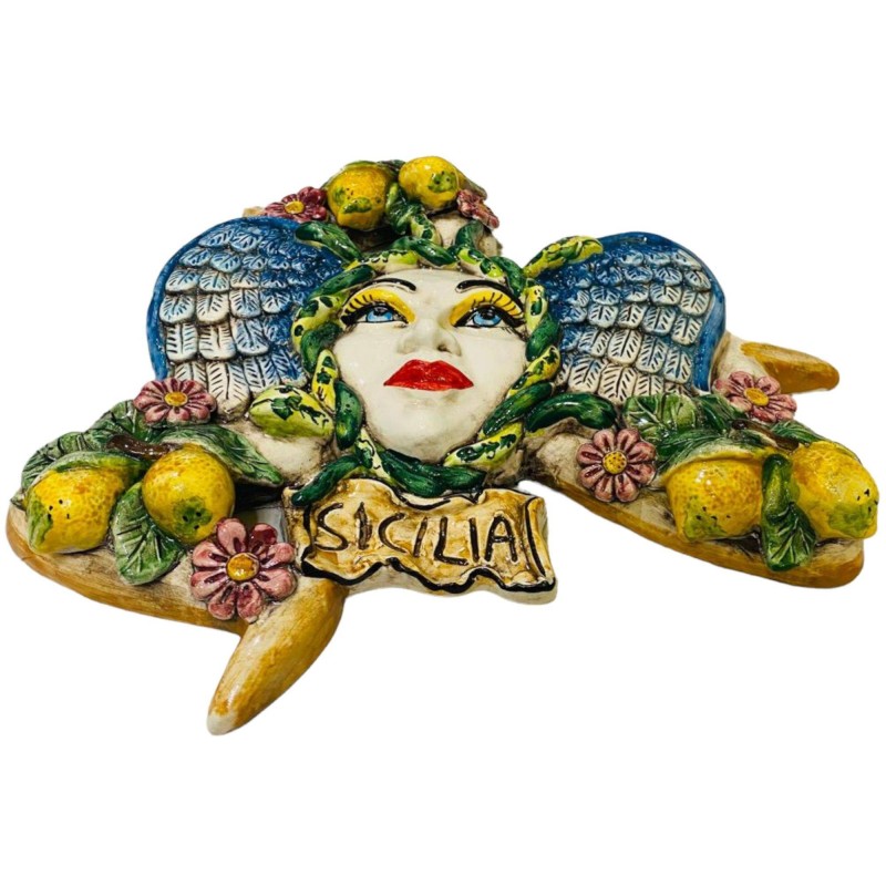 Trinacria in ceramica di Caltagirone con Limoni e Fiori - altezza circa 38 cm - 
