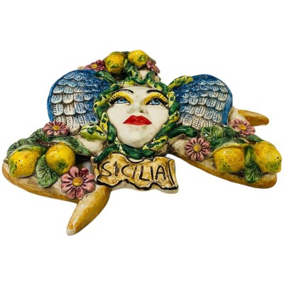 Keramisk trinacria av Caltagirone med citroner och blommor - höjd ca 38 cm - 