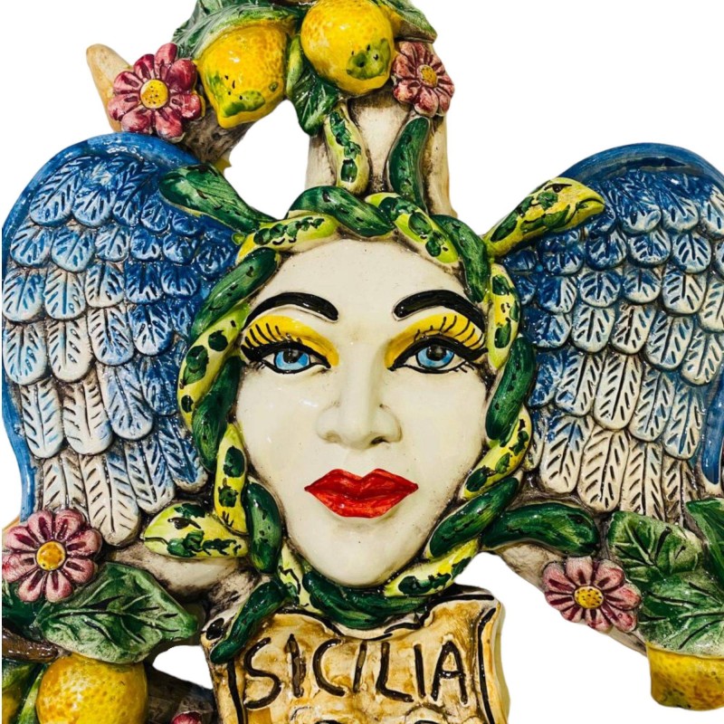 Ceramic Trinacria of Caltagirone with Lemons and Flowers - Height about 38 cm - 