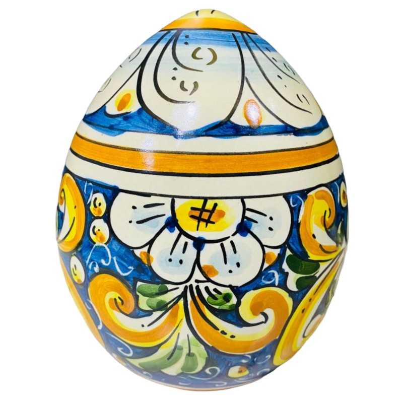 Uovo in ceramica di Caltagirone decoro barocco e fiori fondo Blu cobalto - altezza 15 cm - 