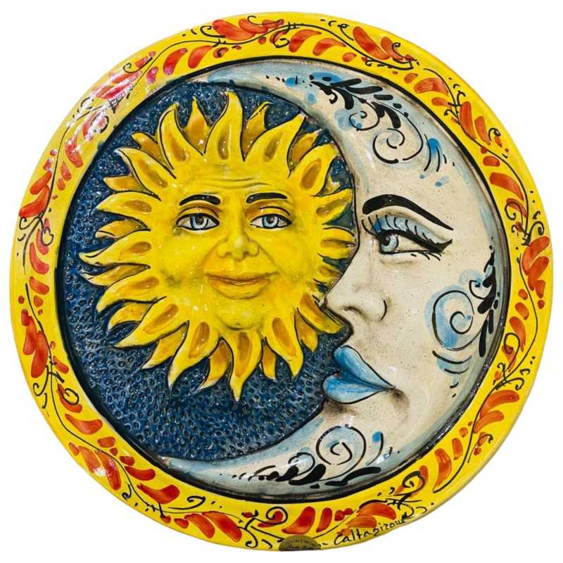 Eclissi, Sole e Luna disco in ceramica Caltagirone - Ø 28 cm ca. Decoro floreale fondo Blu - 
