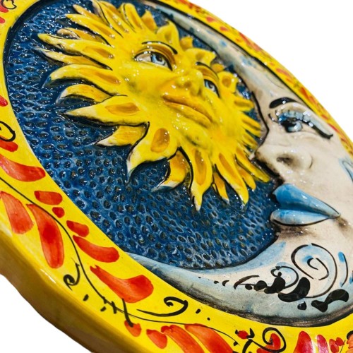 Eclipse, Sol y Luna Disco de cerámica Caltagirone con decoración floral sobre fondo azul - diámetro 32 cm -  2