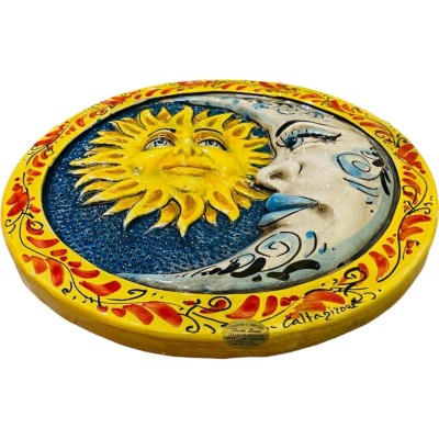 Eclipse, Sun och Moon keramisk skiva av Caltagirone med blommig bakgrund Blå - diameter 32 cm - 