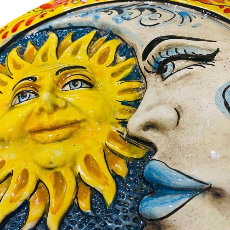 Eclipse, Sun och Moon keramisk skiva av Caltagirone med blommig bakgrund Blå - diameter 32 cm - 