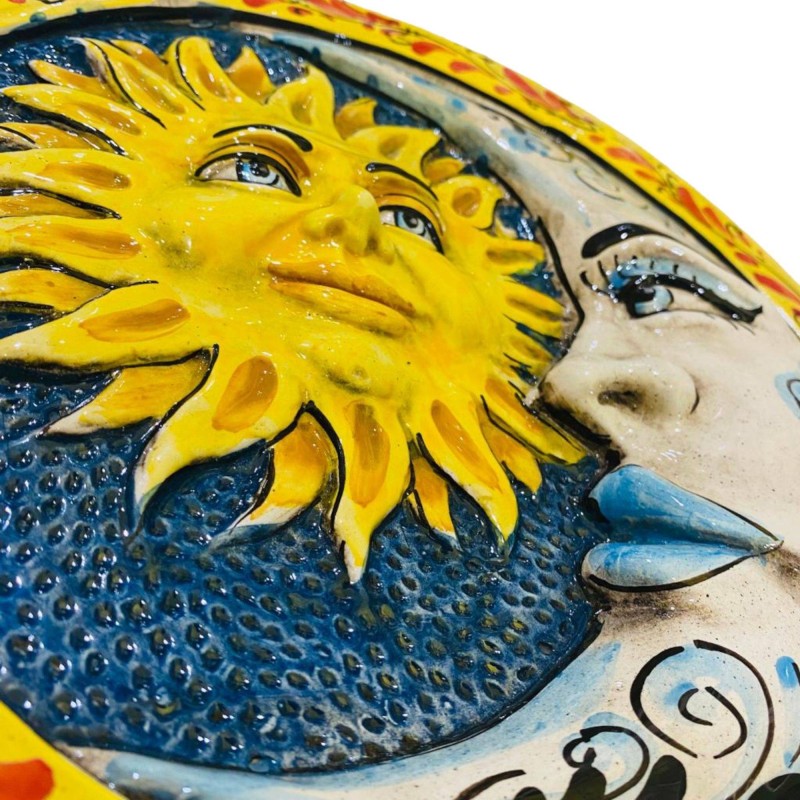 Disque en céramique Eclipse, Soleil et Lune Caltagirone - Ø environ 28 cm Décoration florale sur fond bleu - 