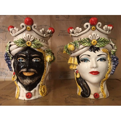 Classic Sicilian Caltagirone ceramic head with crown of spheres and fruit, height about 28cm -  2