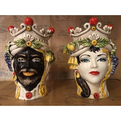 Classic Sicilian Caltagirone ceramic head with crown of spheres and fruit, height about 28cm - 