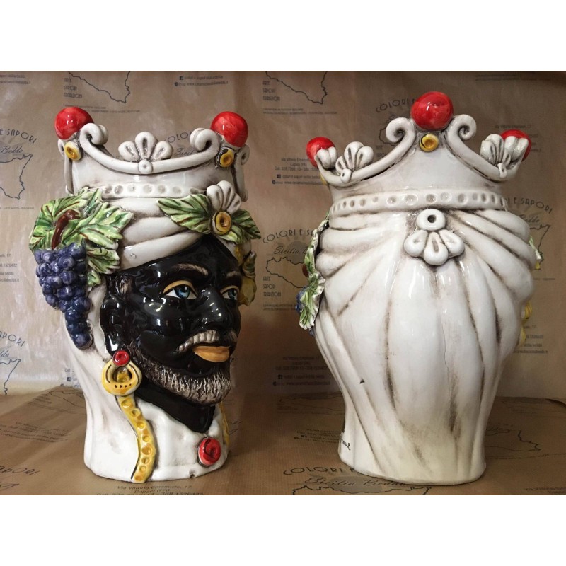 Testa Siciliana classica ceramica Caltagirone h 28 cm ca. (1Unità) corona a sfere e frutta - 