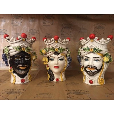 Cabeza siciliana clásica de cerámica Caltagirone h aproximadamente 28 cm (1pc) bola y corona de fruta - 