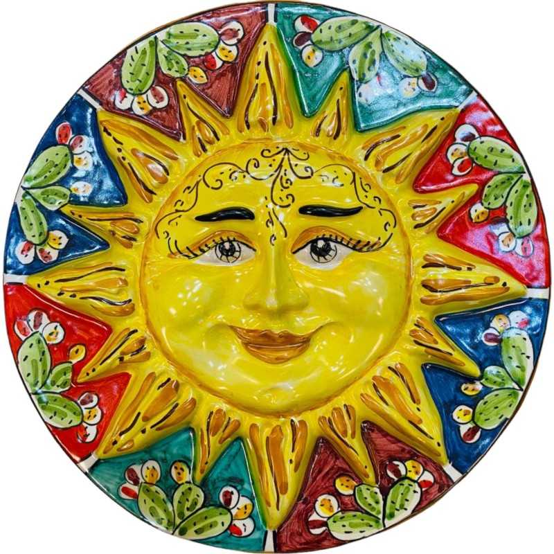 Disco de sol em cerâmica Caltagirone, decoração de figo da Índia sobre fundo colorido - diâmetro cerca de 24 cm - 