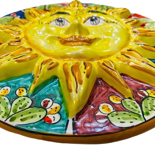 Caltagirone keramische schijfzon, Ø ca. 25 cm. Cactusvijgdecoratie op een veelkleurige achtergrond -  2