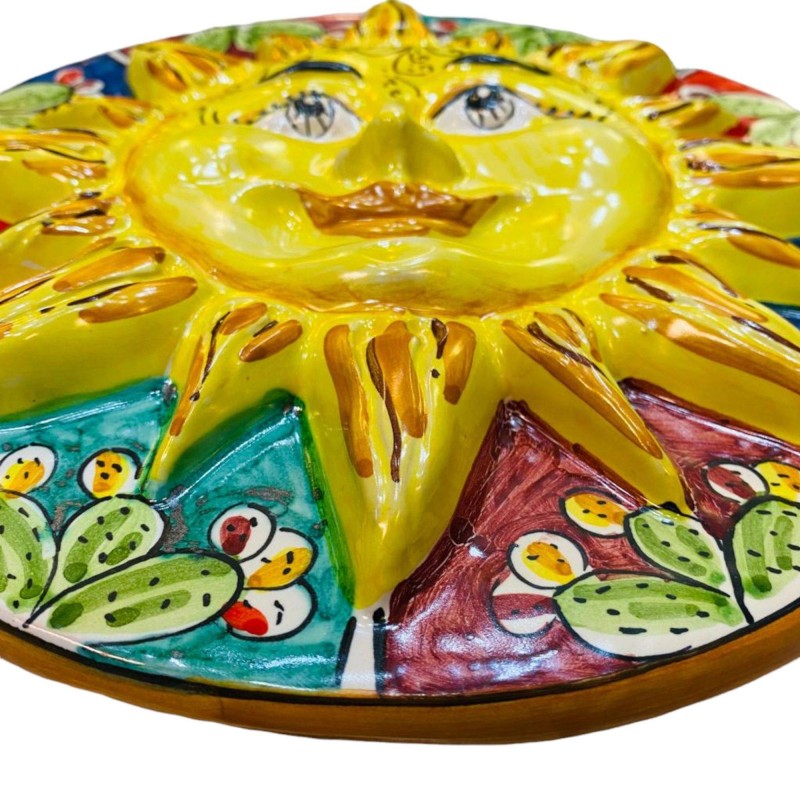 Caltagirone keramisk skiva sol, Ø ca 25 cm. prickly pear dekoration på en mångfärgad bakgrund - 