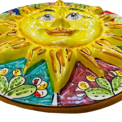 Caltagirone keramisk skiva sol, Ø ca 25 cm. prickly pear dekoration på en mångfärgad bakgrund - 