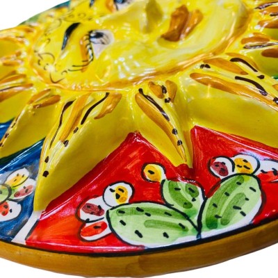 Caltagirone keramisk skiva sol, Ø ca 25 cm. prickly pear dekoration på en mångfärgad bakgrund - 