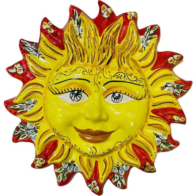 Sol con rayos de colores y decorados en cerámica Caltagirone con fondo rojo - diámetro aprox. 33 cm - 