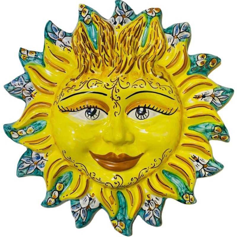 Sun with colored and decorated rays Caltagirone ceramic Verderame background - diameter about 33 cm - 