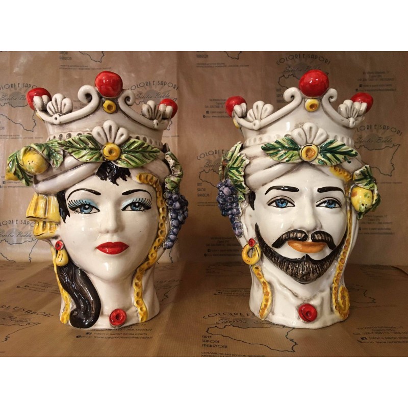 Tête sicilienne classique en céramique Caltagirone h environ 28 cm (1pc) boule et couronne de fruits - 