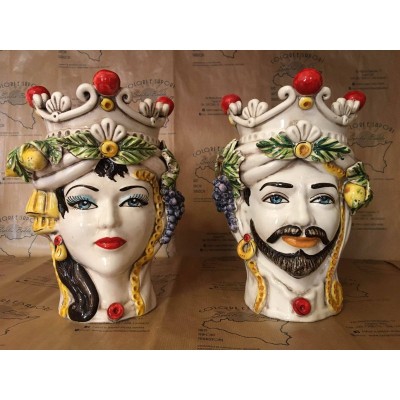 Siciliansk klassisk keramisk huvud Caltagirone med bollkrona och frukthöjd cirka 28 cm - 