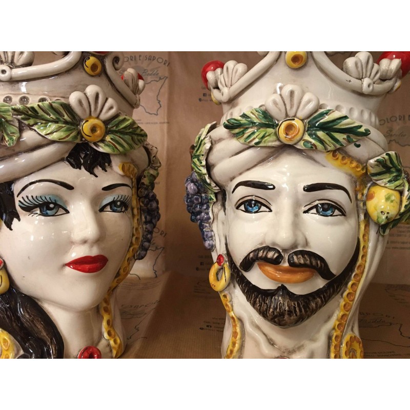 Classic Sicilian Caltagirone ceramic head with crown of spheres and fruit, height about 28cm - 