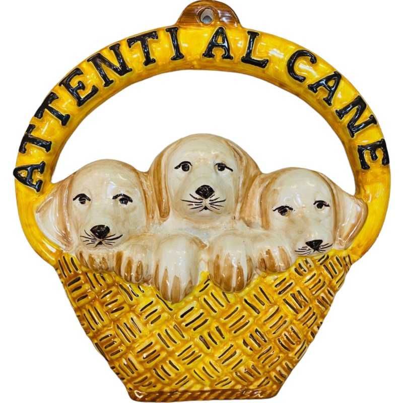 Appendino in pregiata ceramica siciliana Cesta paniere con cuccioli e scritta ATTENTI AL CANE - altezza cm 29 - 