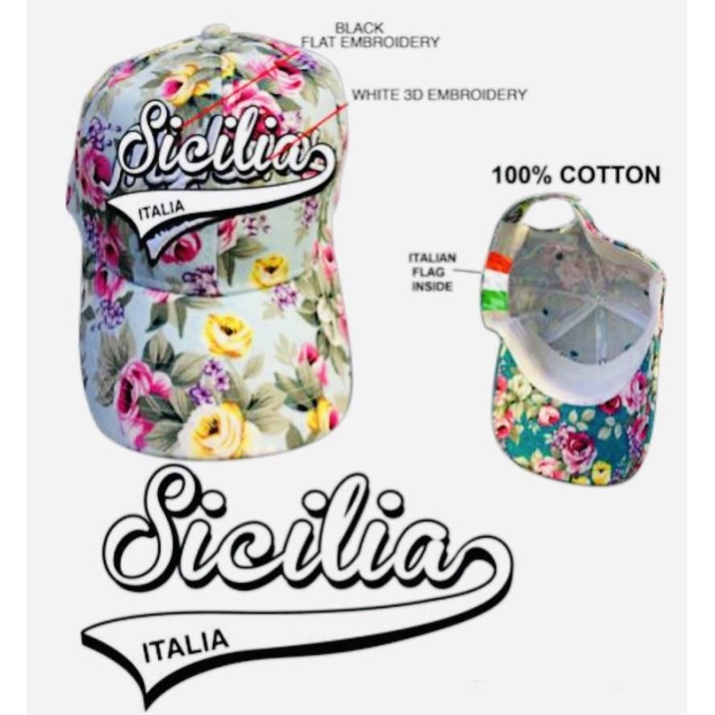 Mütze mit Blumenmuster und Reliefstickerei SICILY – 100 % Baumwolle – 2 Varianten verfügbar, Einheitsgröße - 