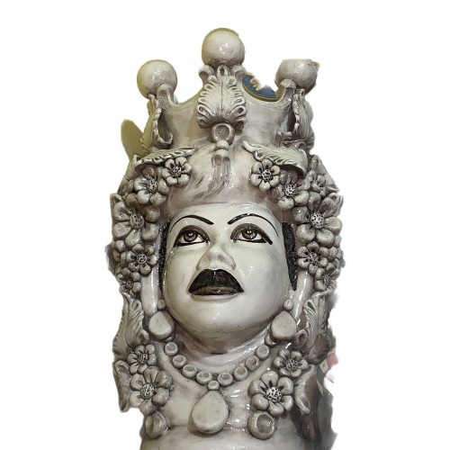 Pair van Caltagirone Moro Heads met Crown, Bladeren en Bloemen, antieke witte kleur, lengte 48 cm -  2