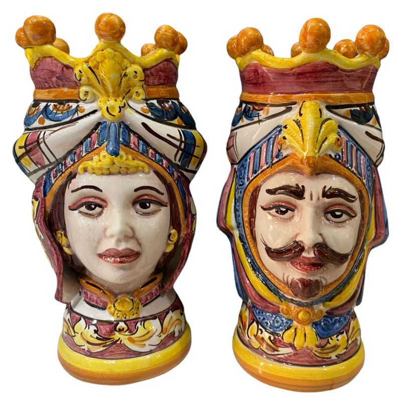 Pair of Caltagirone Moor's Heads Sicilian decoration and peacock tail - height 18 cm - 