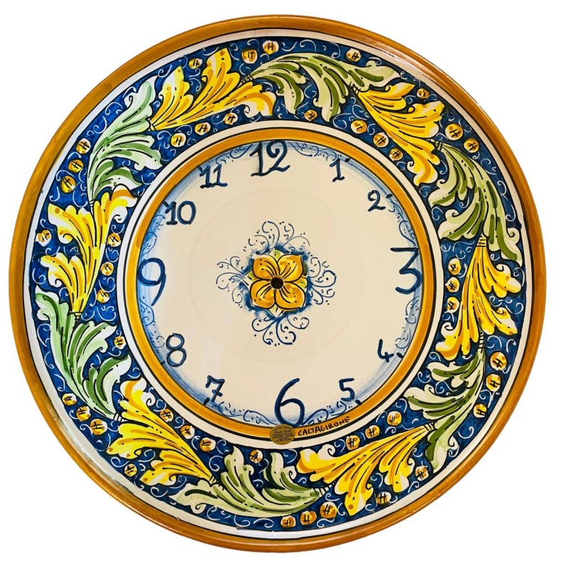 Clock in fine Caltagirone ceramic hand-decorated with green and yellow Baroque decoration on a blue background - diamete