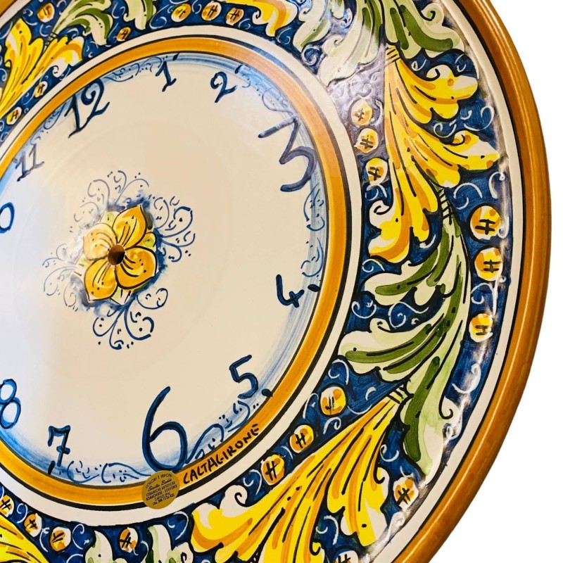 Horloge en céramique Caltagirone - Ø environ 45 cm Complet avec engrenage, décoration baroque sur fond bleu - 